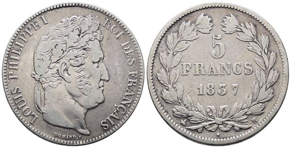 FRANCIA. ROUEN. Luigi Filippo (1830-1848). 5 franchi 1837. "B". KM 749; Ag; 25gr