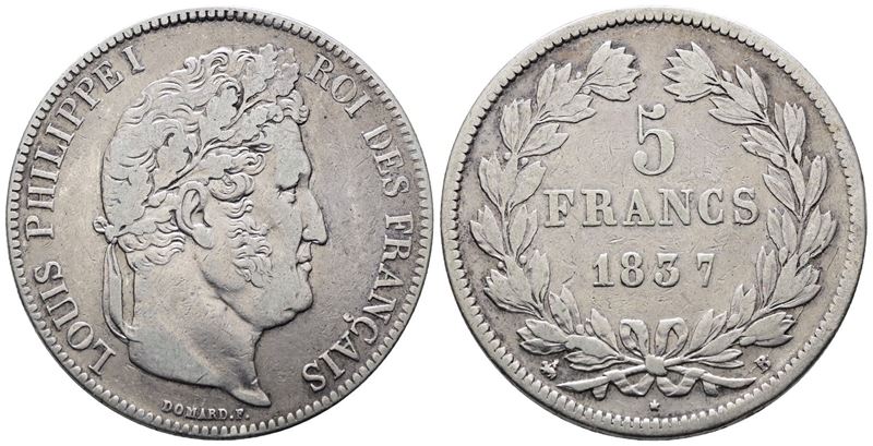 Francia. Rouen. Luigi Filippo (1830-1848). 5 Franchi 1837. "b". Km 749; Ag; 25gr