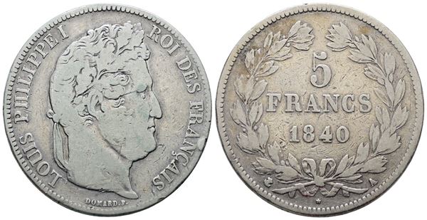 FRANCIA. PARIGI. Luigi Filippo (1830-1848). 5 franchi 1840. "A". KM 749; Ag; 25gr