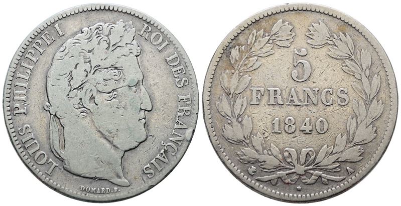 Francia. Parigi. Luigi Filippo (1830-1848). 5 Franchi 1840. "a". Km 749; Ag; 25gr