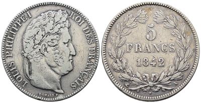 Francia. Parigi. Luigi Filippo (1830-1848). 5 Franchi 1842. "a". Km 749; Ag; 25gr