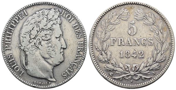FRANCIA. PARIGI. Luigi Filippo (1830-1848). 5 franchi 1842. "A". KM 749; Ag; 25gr