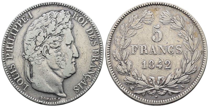 Francia. Parigi. Luigi Filippo (1830-1848). 5 Franchi 1842. "a". Km 749; Ag; 25gr