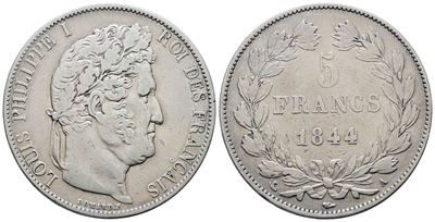 Francia. Parigi. Luigi Filippo (1830-1848). 5 Franchi 1844. "a". Km 749; Ag; 25gr