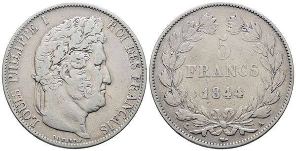 FRANCIA. PARIGI. Luigi Filippo (1830-1848). 5 franchi 1844. "A". KM 749; Ag; 25gr