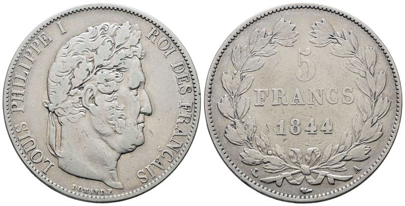 Francia. Parigi. Luigi Filippo (1830-1848). 5 Franchi 1844. "a". Km 749; Ag; 25gr