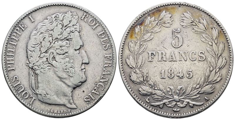 FRANCIA. PARIGI. Luigi Filippo (1830-1848). 5 franchi 1845. "A". KM 749; Ag; 25gr