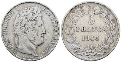 Francia. Lille. Luigi Filippo (1830-1848). 5 Franchi 1845. "w". Km 749; Ag; 25gr