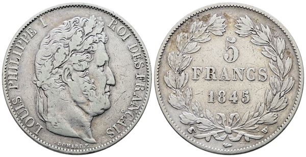 FRANCIA. LILLE. Luigi Filippo (1830-1848). 5 franchi 1845. "W". KM 749; Ag; 25gr