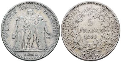 Francia. Parigi. II Repubblica (1848-1851). 5 Franchi 1849 "ercole" "a". Km 756; Ag; 25gr