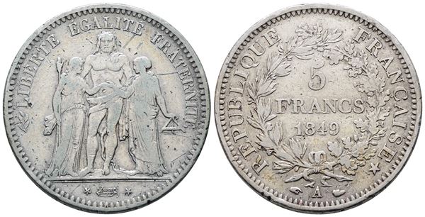 FRANCIA. PARIGI. II Repubblica (1848-1851). 5 franchi 1849 "Ercole" "A". KM 756; Ag; 25gr