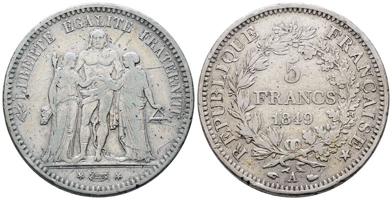 Francia. Parigi. II Repubblica (1848-1851). 5 Franchi 1849 "ercole" "a". Km 756; Ag; 25gr