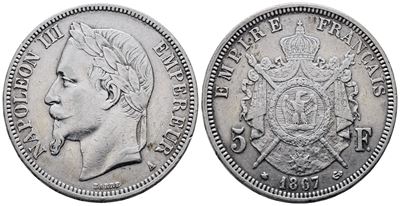 Francia. Parigi. Napoleone III (1852-1870). 5 Franchi 1867. "a". Km 799; Ag; 25gr