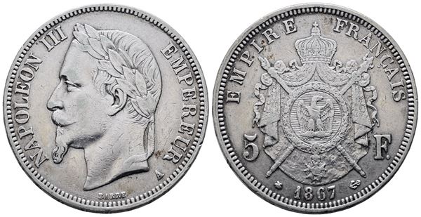 FRANCIA. PARIGI. Napoleone III (1852-1870). 5 franchi 1867. "A". KM 799; Ag; 25gr