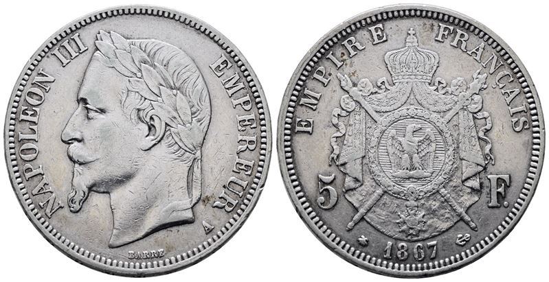 Francia. Parigi. Napoleone III (1852-1870). 5 Franchi 1867. "a". Km 799; Ag; 25gr