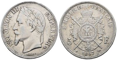 Francia. Strasburgo. Napoleone III (1852-1870). 5 Franchi 1867. "bb". Km 799; Ag; 25gr