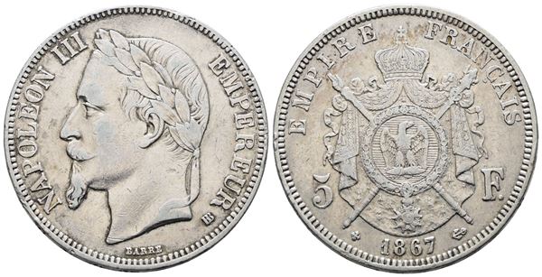 FRANCIA. STRASBURGO. Napoleone III (1852-1870). 5 franchi 1867. "BB". KM 799; Ag; 25gr
