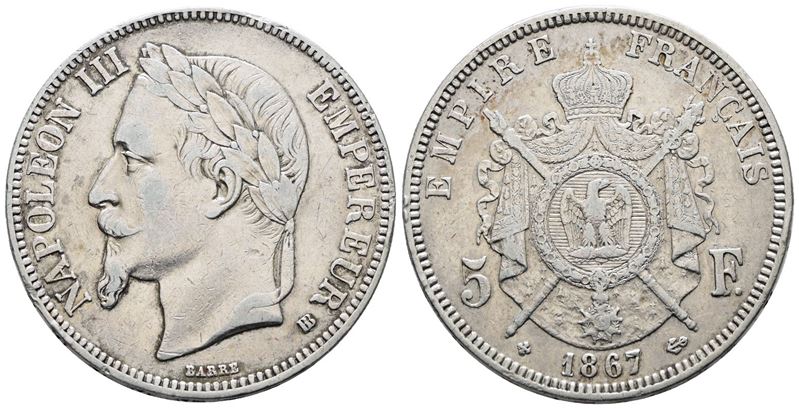 Francia. Strasburgo. Napoleone III (1852-1870). 5 Franchi 1867. "bb". Km 799; Ag; 25gr