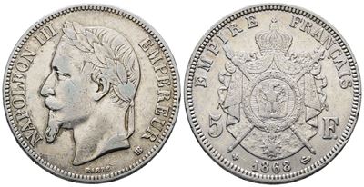 Francia. Strasburgo. Napoleone III (1852-1870). 5 Franchi 1868. "bb". Km 799; Ag; 25gr