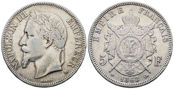 FRANCIA. STRASBURGO. Napoleone III (1852-1870). 5 franchi 1868. "BB". KM 799; Ag; 25gr