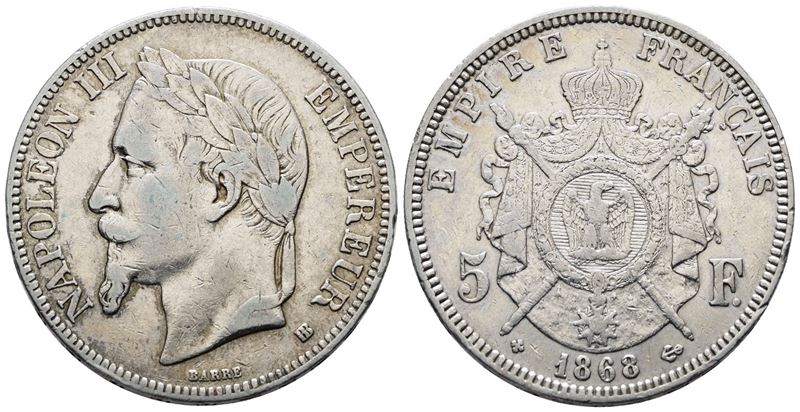 Francia. Strasburgo. Napoleone III (1852-1870). 5 Franchi 1868. "bb". Km 799; Ag; 25gr