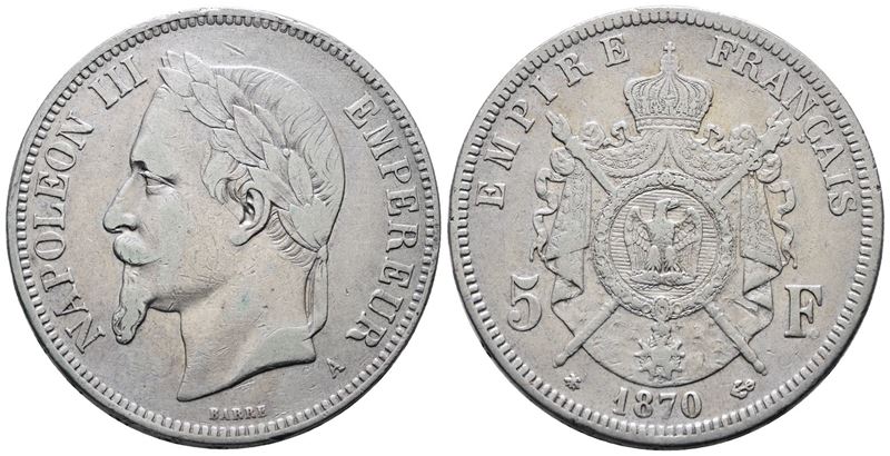 FRANCIA. PARIGI. Napoleone III (1852-1870). 5 franchi 1870. "A". KM 799; Ag; 25gr