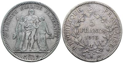 Francia. Parigi. III Repubblica (1871-1940). 5 Franchi 1873 "ercole" "a". Km 820; Ag; 25gr
