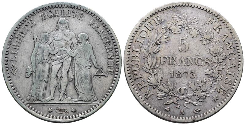 Francia. Parigi. III Repubblica (1871-1940). 5 Franchi 1873 "ercole" "a". Km 820; Ag; 25gr