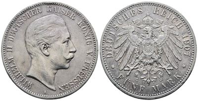 Germania. Berlino. Guglielmo II (1888-1918). 5 Marchi 1907 "a". Km 523; Ag; 27,77gr