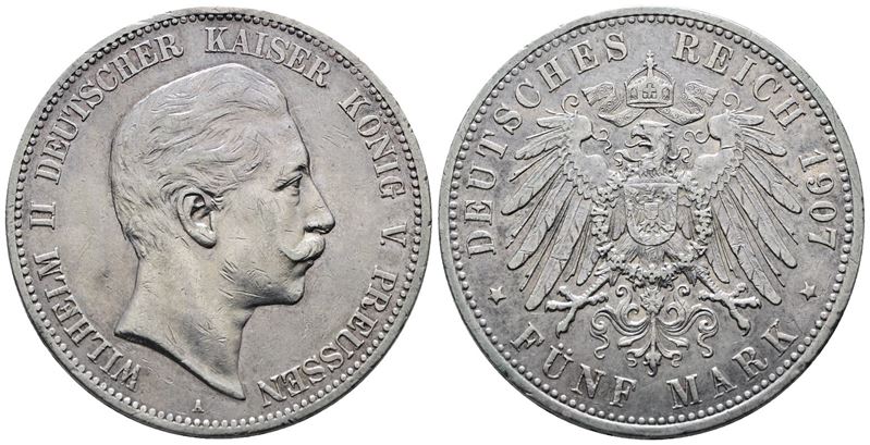 Germania. Berlino. Guglielmo II (1888-1918). 5 Marchi 1907 "a". Km 523; Ag; 27,77gr