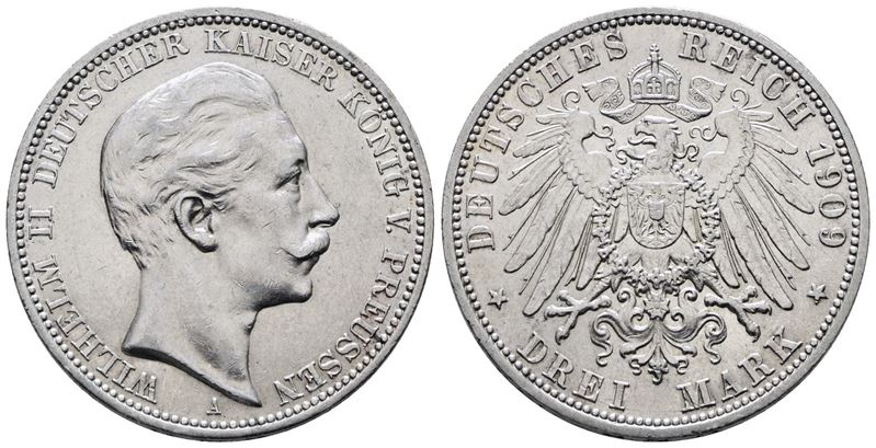 GERMANIA. BERLINO. Guglielmo II (1888-1918). 3 marchi 1909 "A". KM 527; Ag; 16,67gr. SPL/FDC