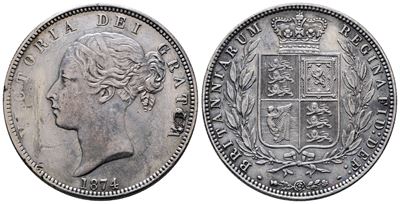 Inghilterra. Vittoria (1837-1901). 1/2 Corona 1874. Km 756; Ag; 14,14gr. Ex Mount