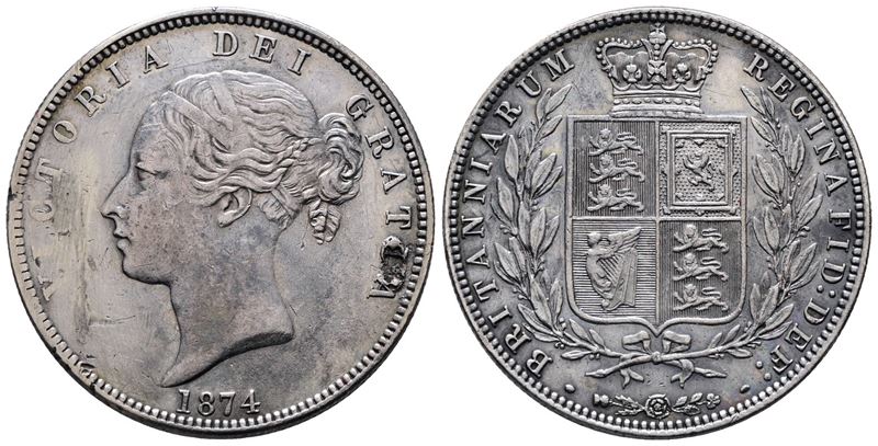 Inghilterra. Vittoria (1837-1901). 1/2 Corona 1874. Km 756; Ag; 14,14gr. Ex Mount