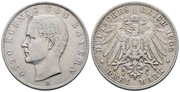 GERMANIA. BAVIERA. Otto (1886-1913). 3 marchi 1908. KM 996; Ag; 16,67