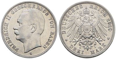 Germania. Baden. Federico II. 3 Marchi 1910. Km 280; Ag; 16,67gr