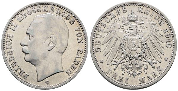 GERMANIA. BADEN. Federico II. 3 marchi 1910. KM 280; Ag; 16,67gr