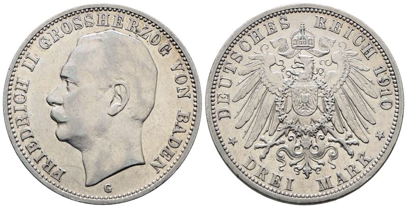 Germania. Baden. Federico II. 3 Marchi 1910. Km 280; Ag; 16,67gr