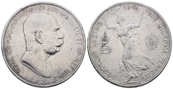 AUSTRIA. Francesco Giuseppe (1848-1916). 5 corone 1908 (60 anni di regno 1848-1908). KM 2809; Ag; 24gr.