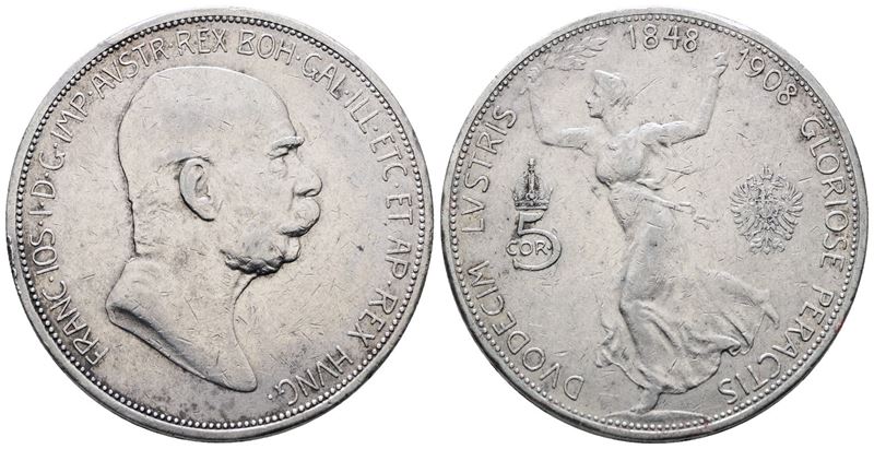 AUSTRIA. Francesco Giuseppe (1848-1916). 5 corone 1908 (60 anni di regno 1848-1908). KM 2809; Ag;...