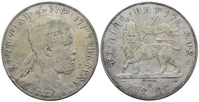 Etiopia. Menelik II (1889-1913). Birr 1889. Km 5; Ag; 28,07gr