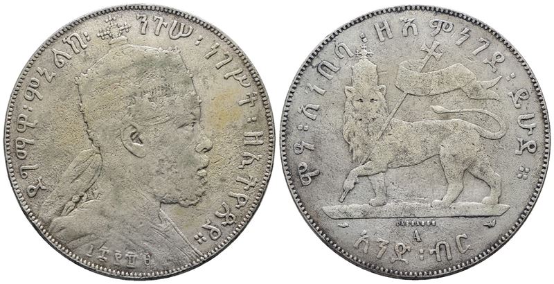 Etiopia. Menelik II (1889-1913). Birr 1889. Km 5; Ag; 28,07gr