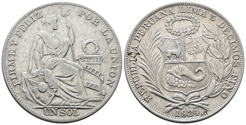Perù, Moneta da 1 Sol del 1934, KM 218, Argento, 25g, BB