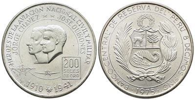 Peru'. 200 Soles 1975 "eroi Dell'aviazione". Km 262; Ag; 22gr