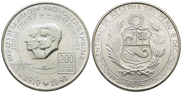 PERU'. 200 soles 1975 "Eroi dell'aviazione". KM 262; Ag; 22gr