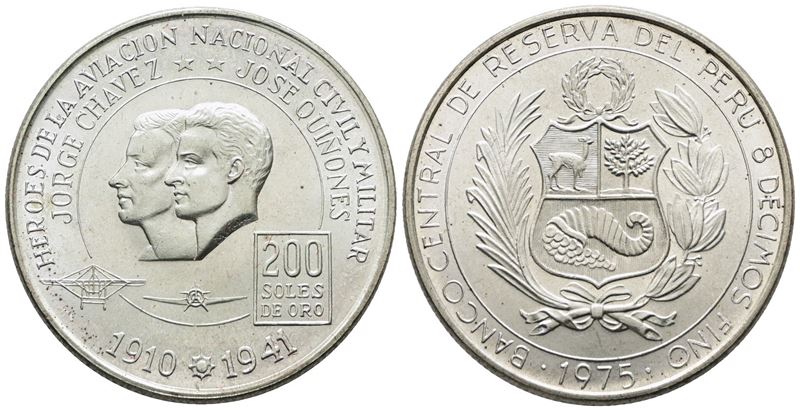 Peru'. 200 Soles 1975 "eroi Dell'aviazione". Km 262; Ag; 22gr