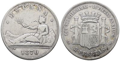 Spagna. Governo Provvisorio (1869-1870). 5 Pesetas 1870. Km 655; Ag; 25gr