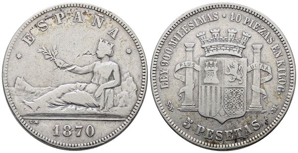 SPAGNA. Governo provvisorio (1869-1870). 5 pesetas 1870. KM 655; Ag; 25gr