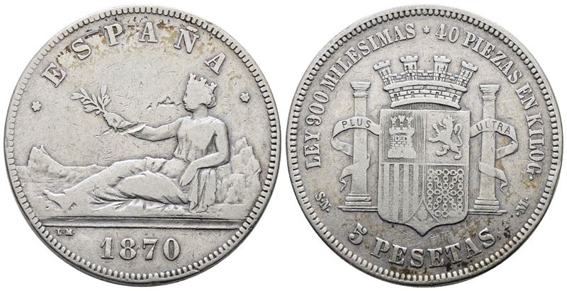 Spagna. Governo Provvisorio (1869-1870). 5 Pesetas 1870. Km 655; Ag; 25gr