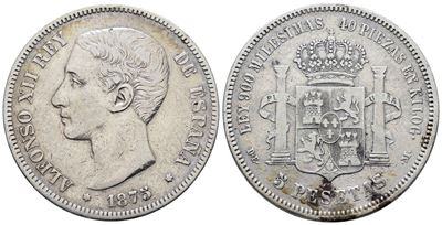 Spagna. Alfonso XII (1875-1885). 5 Pesetas 1875. Km 671; Ag; 25gr