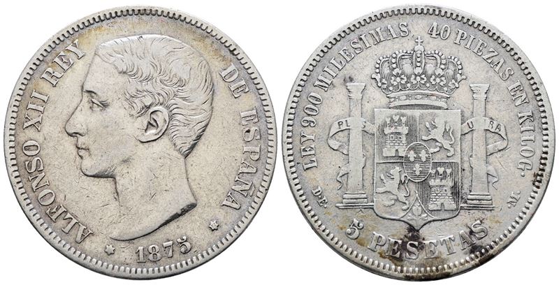 Spagna. Alfonso XII (1875-1885). 5 Pesetas 1875. Km 671; Ag; 25gr